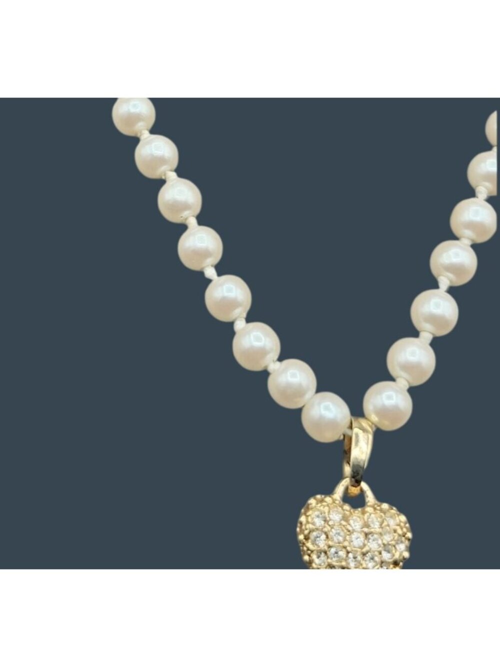 Faux Pearl Rhinestone Heart Pendant Necklace 17" Opalescent Hand Knotted Beads - Picture 6 of 10